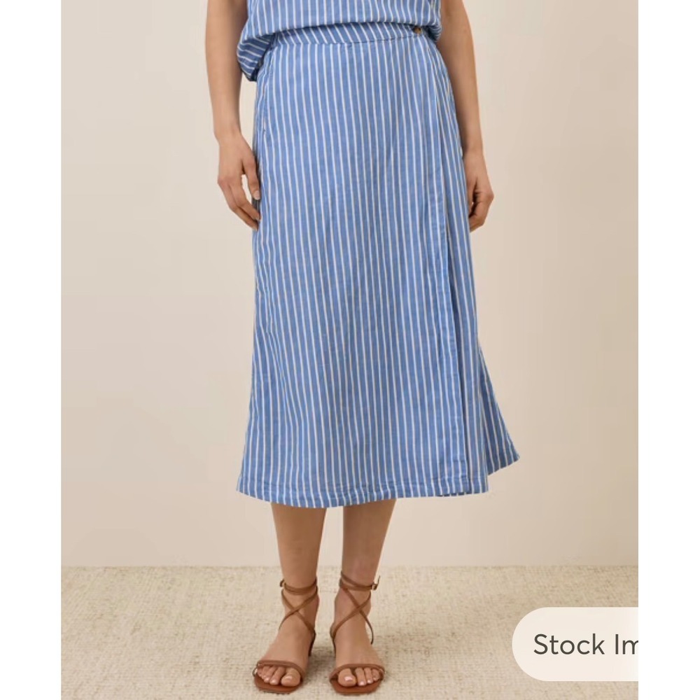 Pact Blue White Striped Linen Blend Wrap Midi Skirt XXL Organic Cotton Pockets